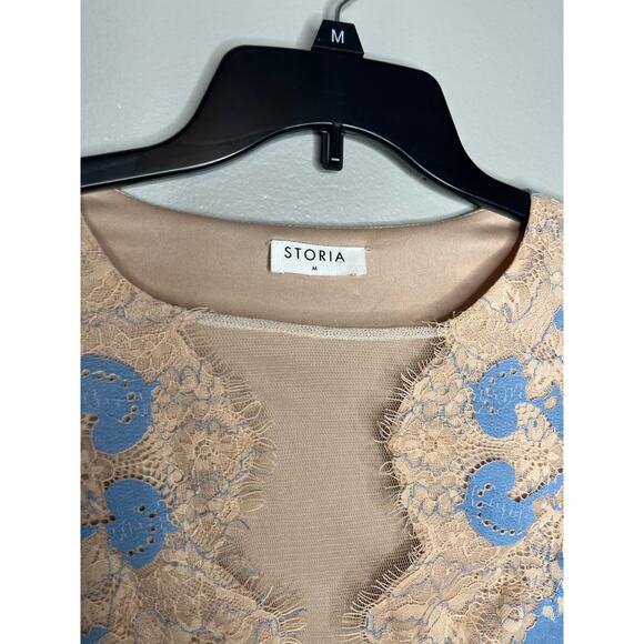 Stroia Floral Lace Bodycon Fitted Plunge Neck Mini Dress In Blue and Cream - Picture 4 of 6